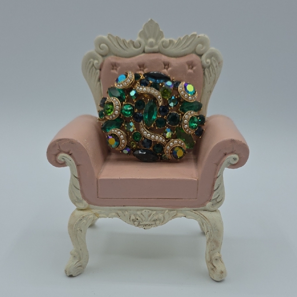 Vintage Green And Blue Rhinestone Brooch With Tiny Faux Pearls - Picture 3 of 7